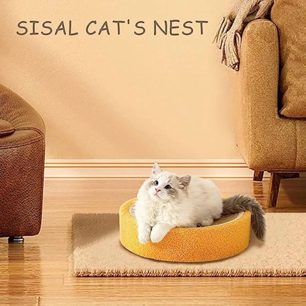 Yellow-orange round cat scratching board with sisal surface and concave centre bed measuring 390mm diameter