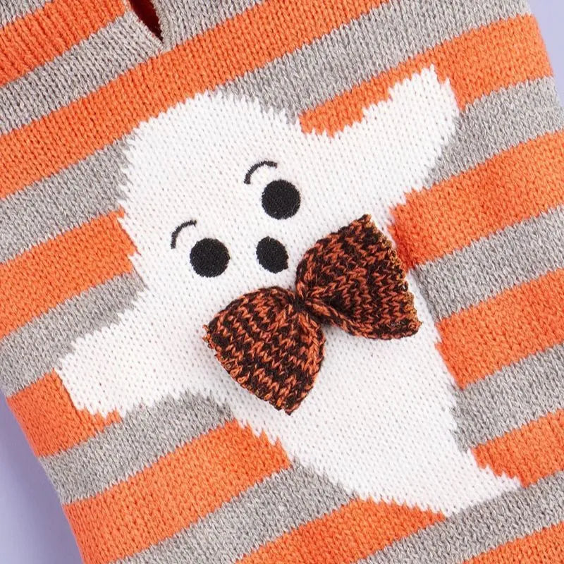 Orange Halloween pet sweater with striped pattern and hooded fur ball design for cats and dogs