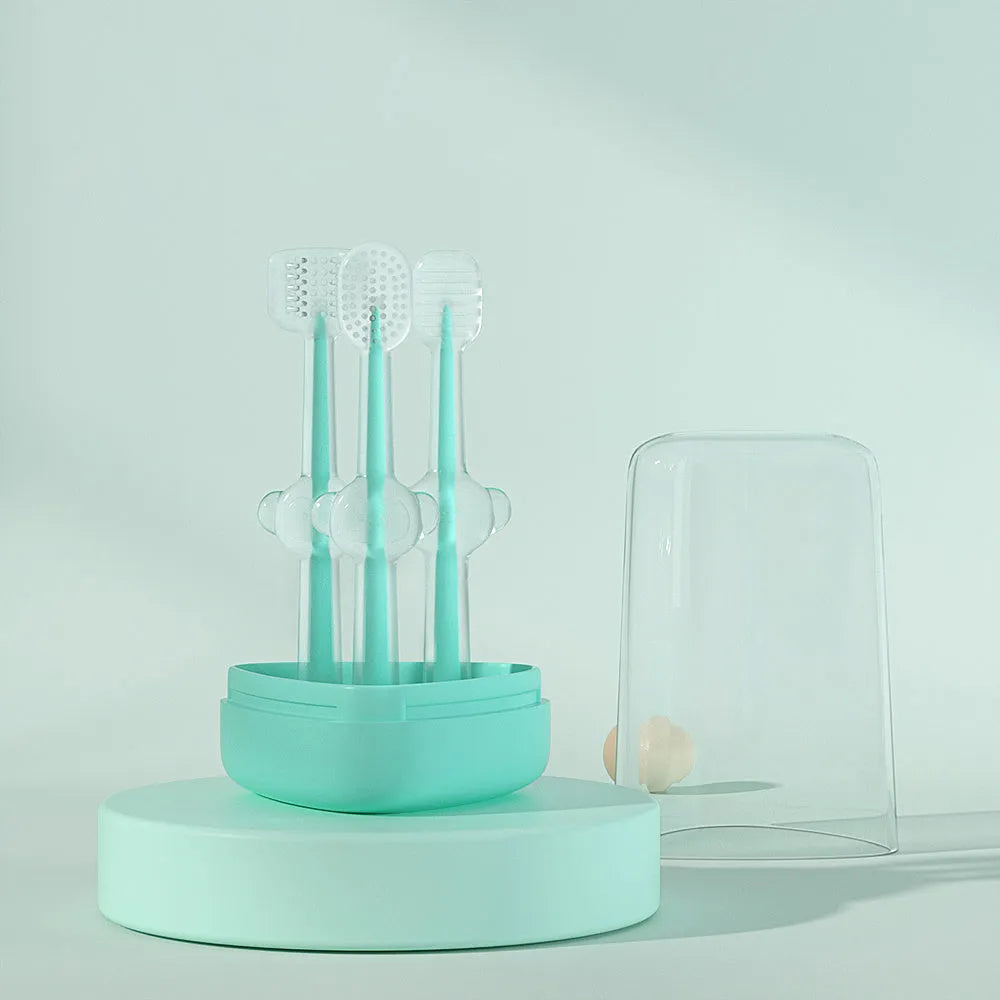 Purple silicone toothbrush for cleaning dog and cat teeth.