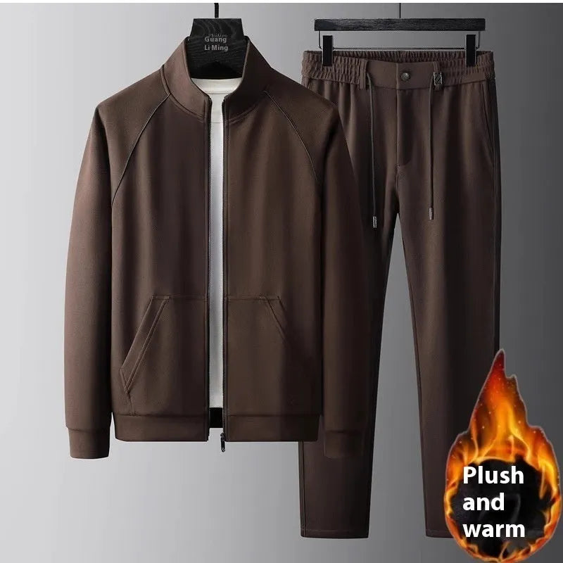Stand collar sports suit set with slim fit in polyvinyl alcohol fibre fabric, shown in coffee colour