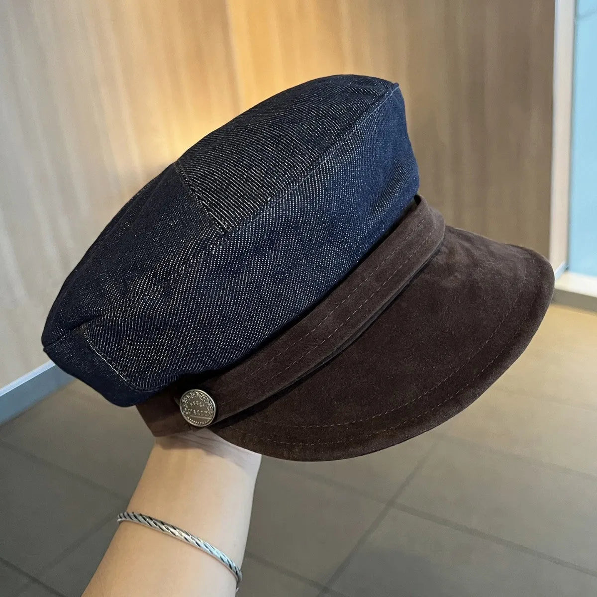 British retro octagonal denim newsboy hat with adjustable size and multiple brim colour options