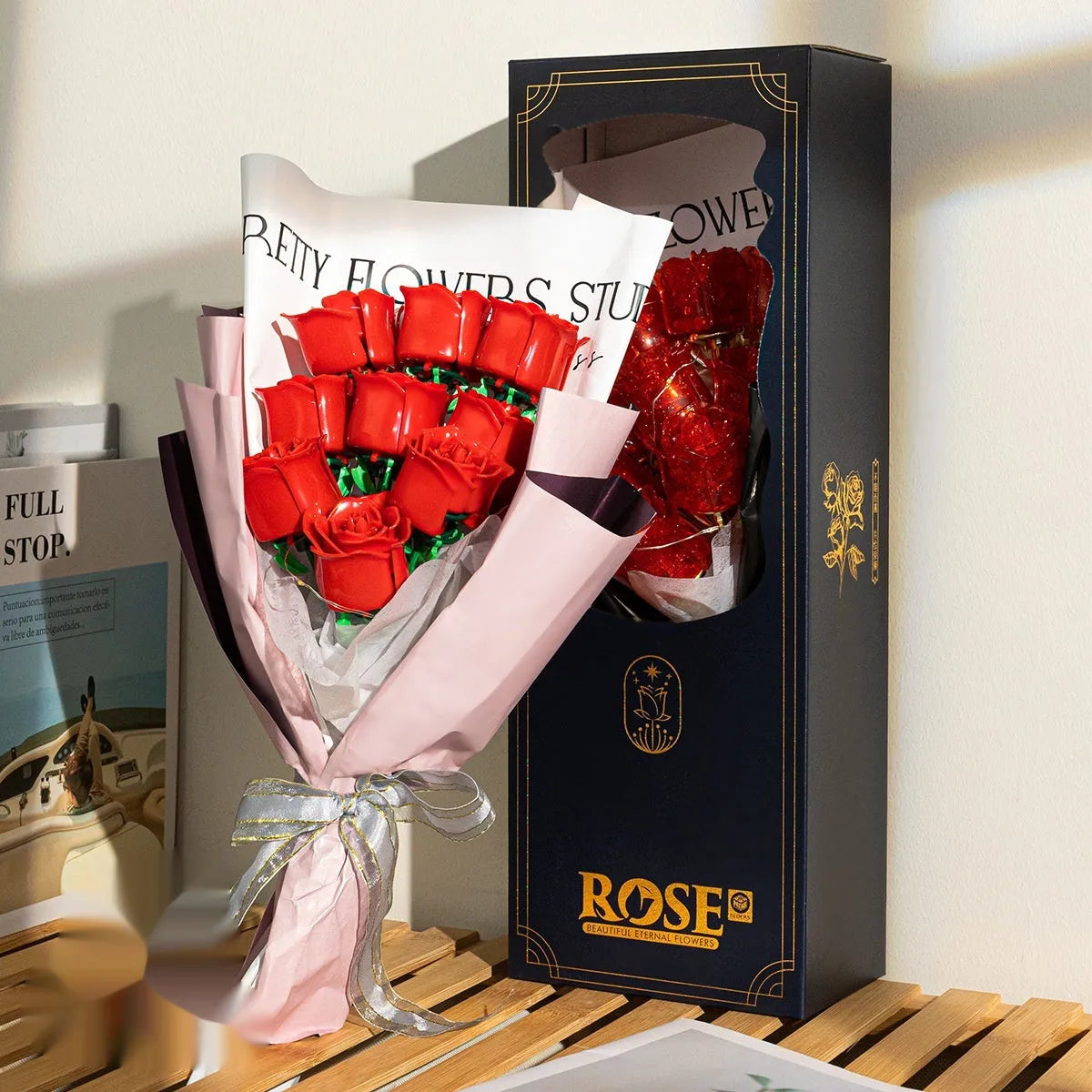 Plastic artificial rose bouquet building blocks in a colour box for children aged 4-6, with rose colour options