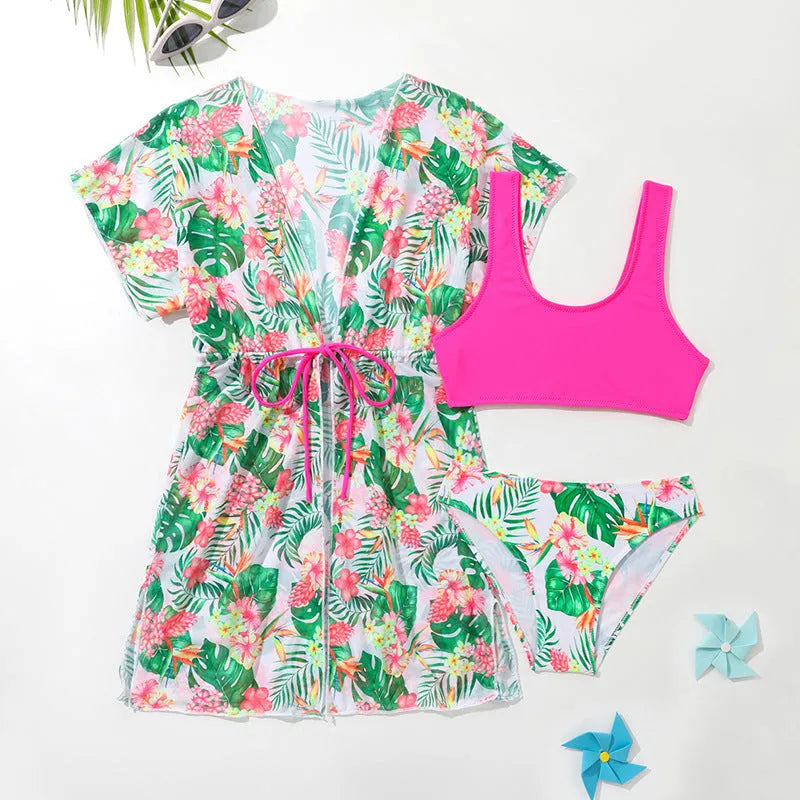 Girls' floral two-piece swimsuit set with matching overclothes in Korean style