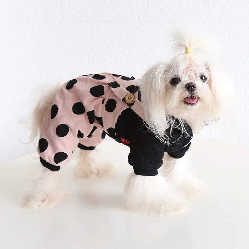 Dog wearing lapel shoulder strap couple clothing in cloth material
