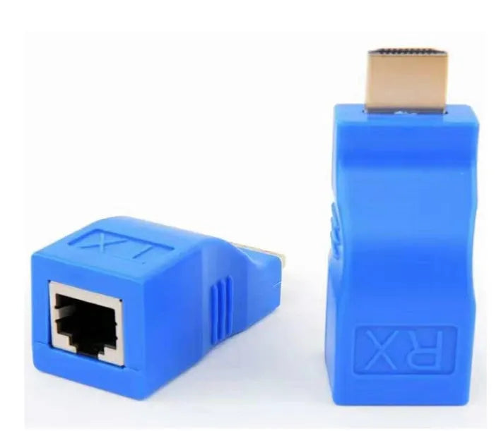 HDMI over Cat-5e/6 extender kit showing compact transmitter and receiver units for 30m 1080P signal extension.