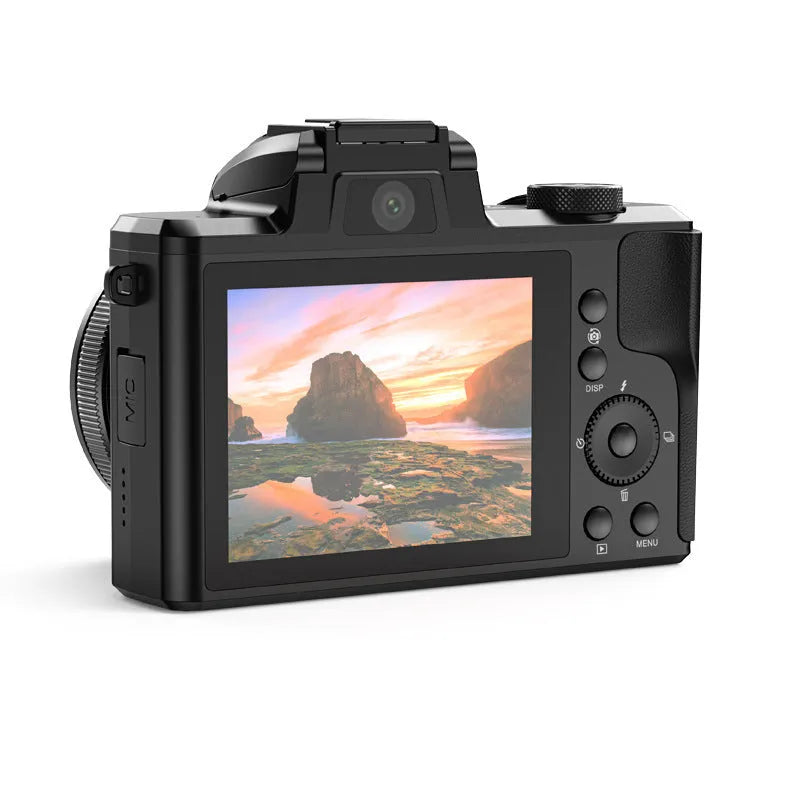 Black digital camera with 16MP CMOS sensor, 3.2-inch Full HD screen, periscope lens, and dual camera
