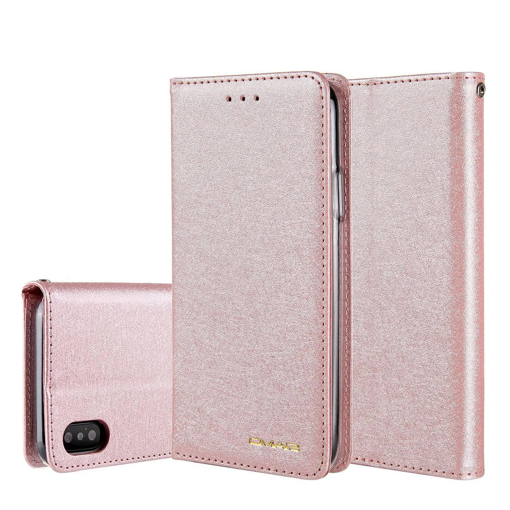 Apple iPhone flip wallet case with card slots in PU leather, shown in multiple colour options