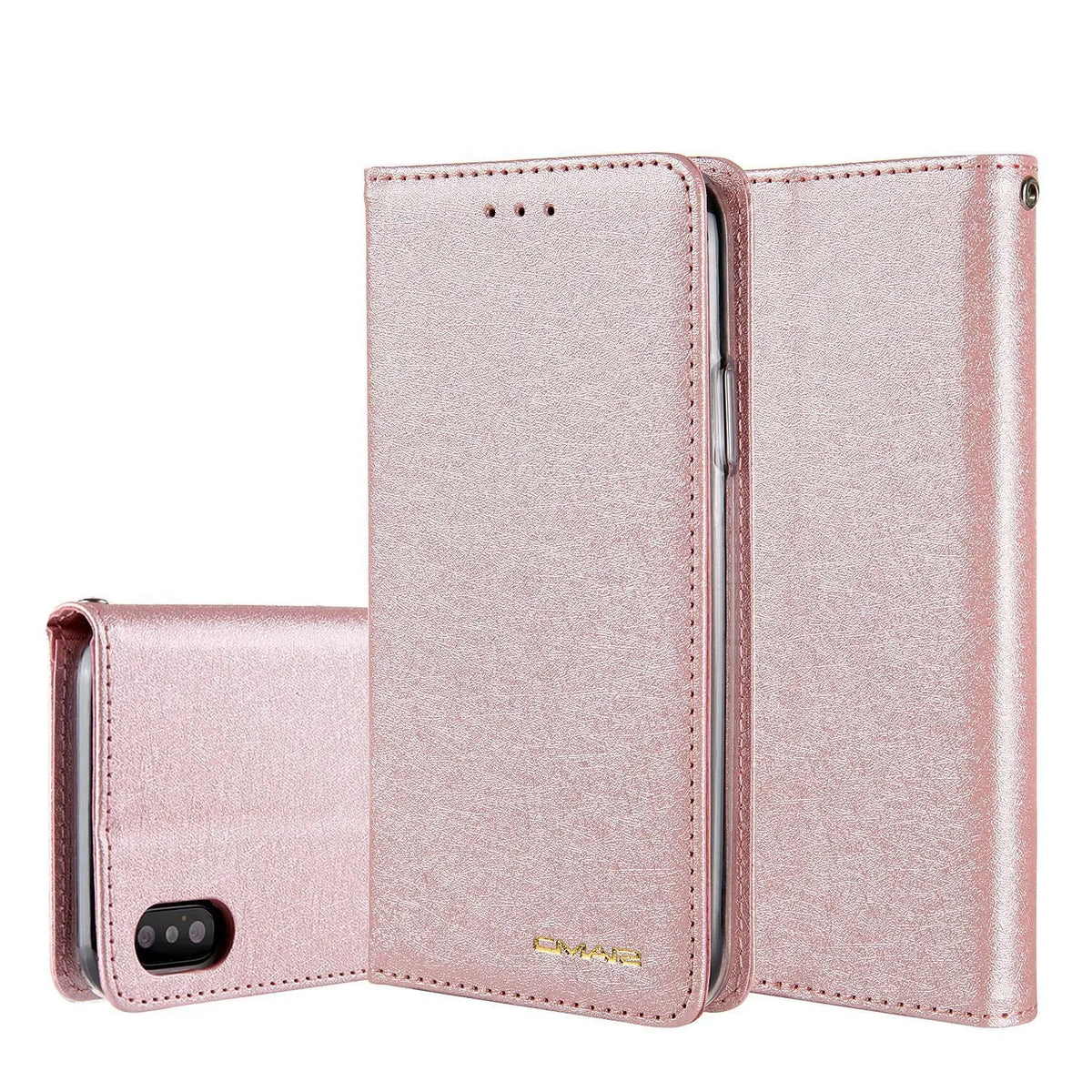 Apple iPhone flip wallet case with card slots in PU leather, shown in multiple colour options