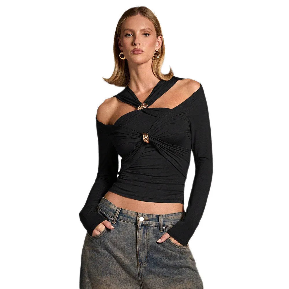 Black women's halter top with shoulder-baring design and slim fit silhouette in polyester fabric
