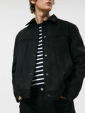 Black men's hooded jacket with a suede collar and side seam pockets on a hanger.