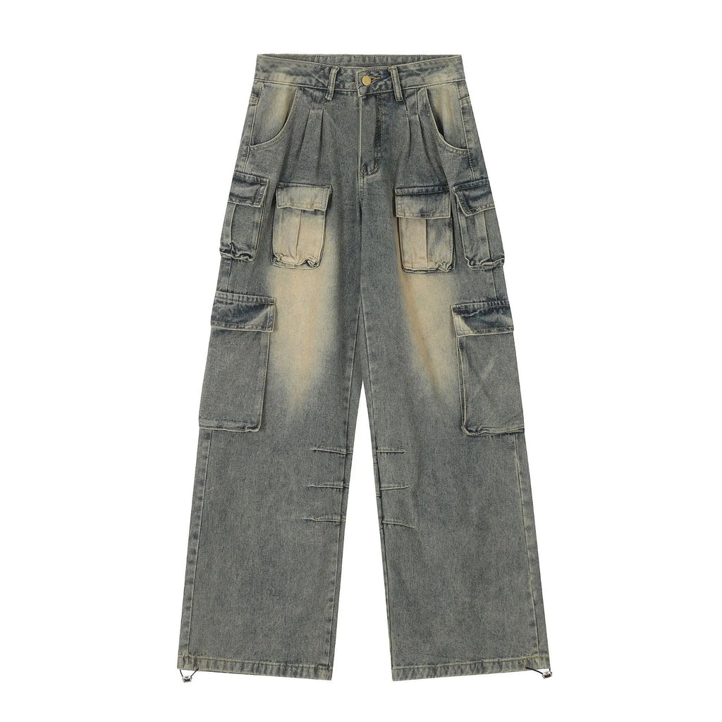Men's loose fit distressed denim jeans with multiple utility pockets in light blue or black colours