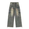 Men's loose fit distressed denim jeans with multiple utility pockets in light blue or black colours