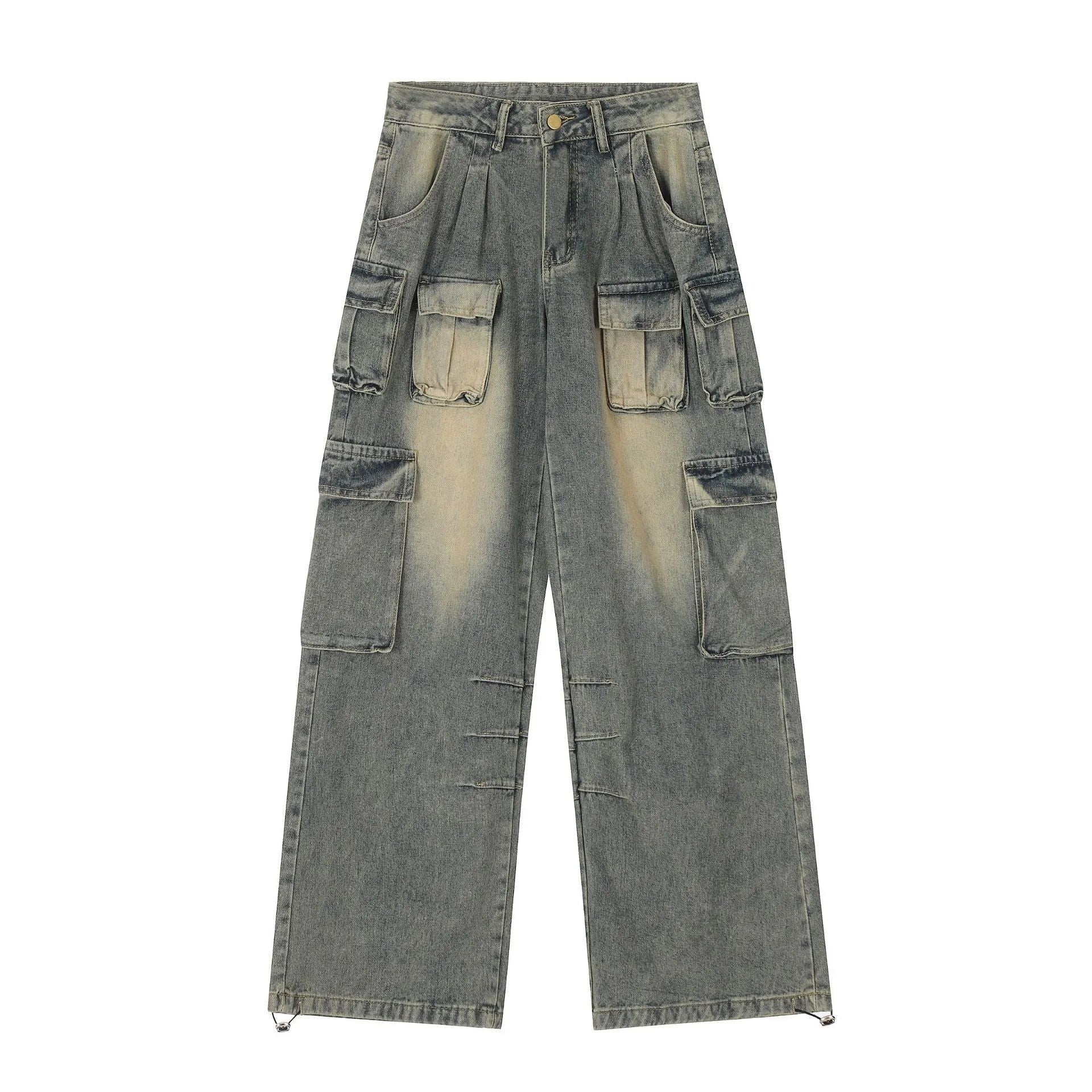 Men's loose fit distressed denim jeans with multiple utility pockets in light blue or black colours