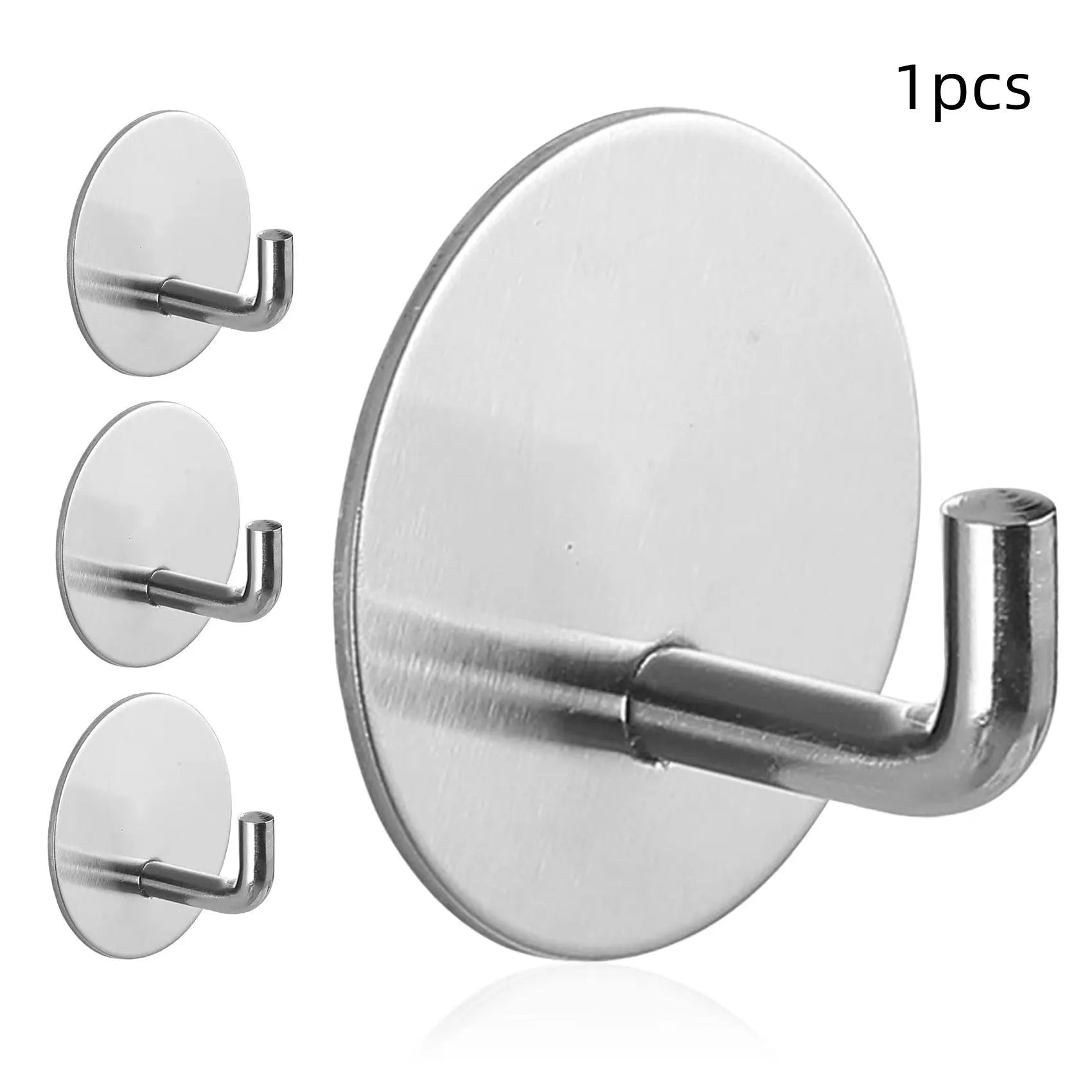 Self-adhesive stainless steel single hook for bathroom and kitchen organisation with 3kg load capacity