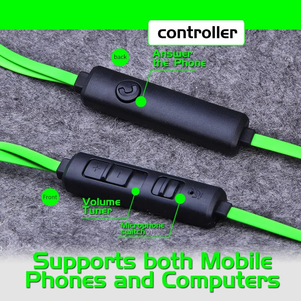 Shuangmai wired in-ear computer gaming headset with short cable in black, green, and red colour options.