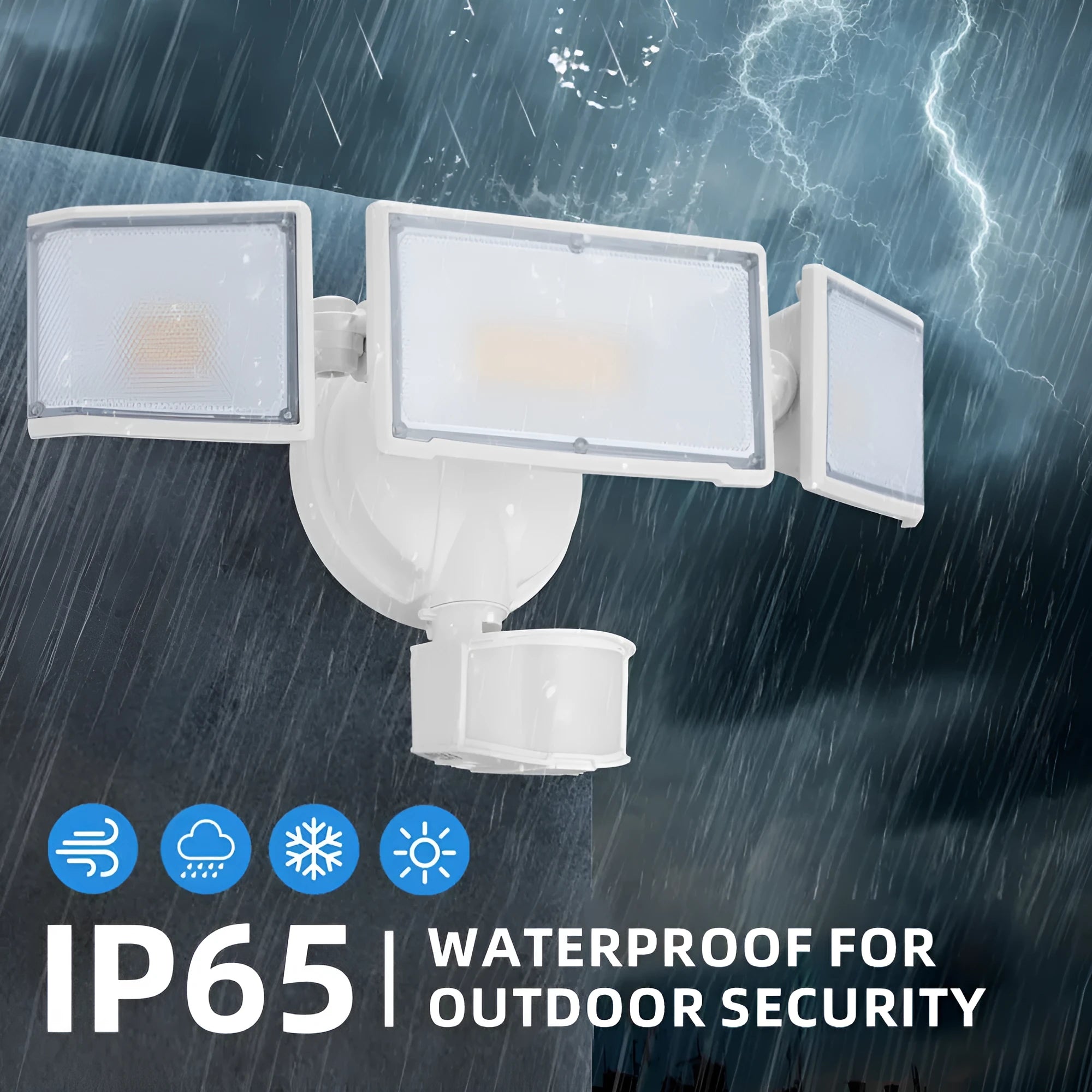 White LED security floodlight with motion sensor for outdoor wall mounting