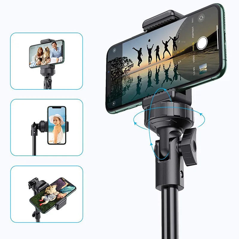 Black aluminium selfie stick tripod for iPhone photography with telescopic sections