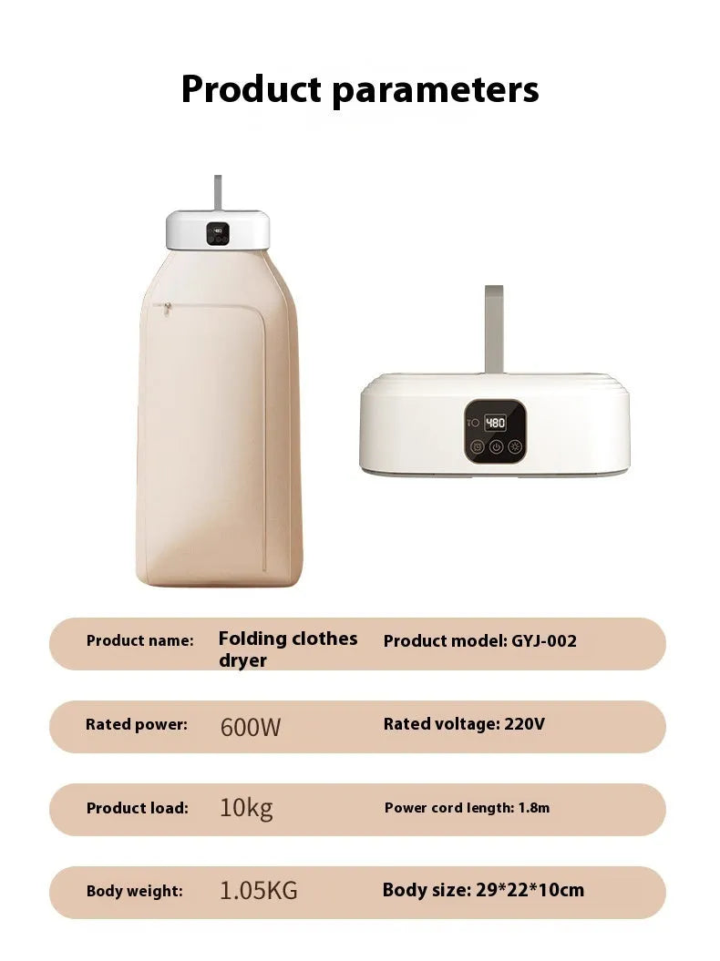 White cylindrical foldable clothes dryer with remote control on flat surface showing compact dimensions