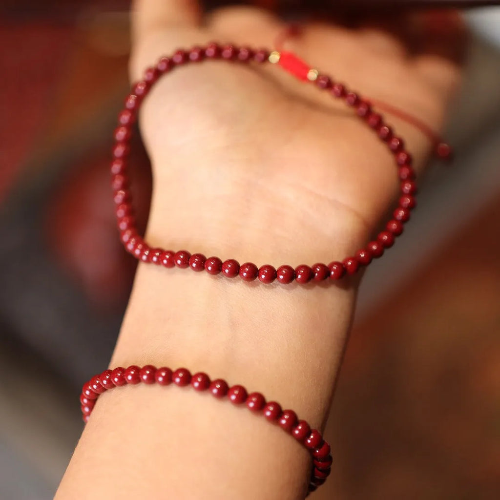 Handmade natural cinnabar bracelet with geometric auspicious patterns in purple gold sand colour