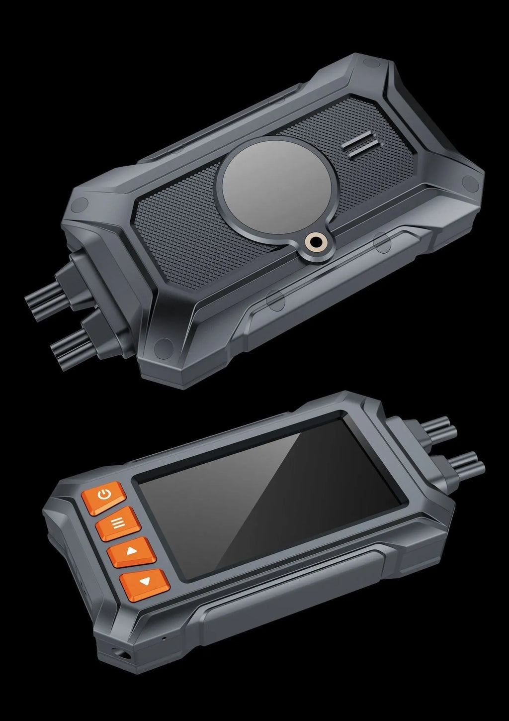 Motorcycle dual lens GPS recorder with 3 inch display showing waterproof body and mounting components