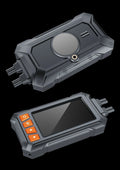 Motorcycle dual lens GPS recorder with 3 inch display showing waterproof body and mounting components