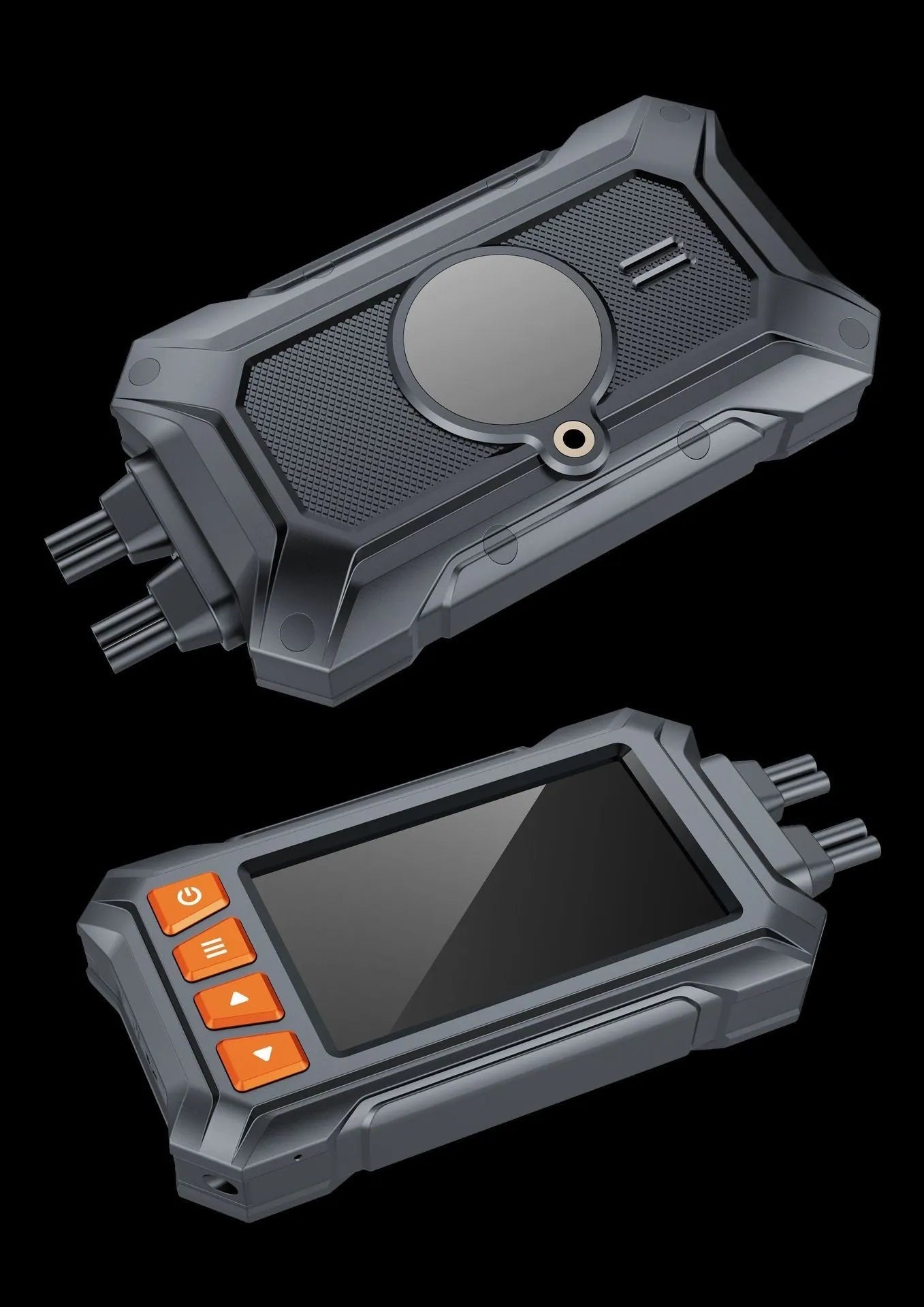 Motorcycle dual lens GPS recorder with 3 inch display showing waterproof body and mounting components