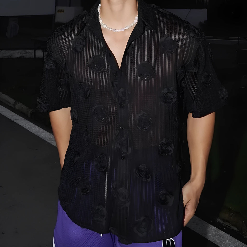 Heavy industry short-sleeved shirt with three-dimensional floral print in milky white and black polyester fabric