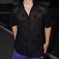 Heavy industry short-sleeved shirt with three-dimensional floral print in milky white and black polyester fabric