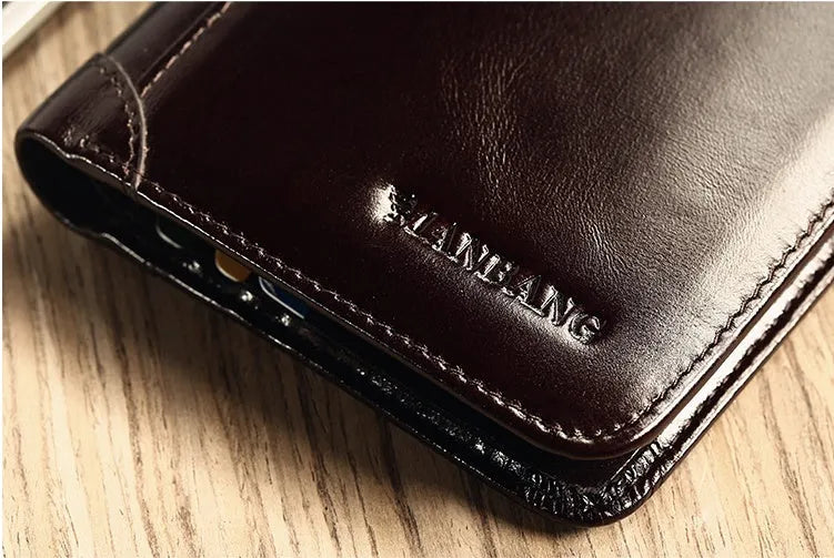 Men's leather wallet in black or brown showing internal compartments for cards, photos, banknotes, coins and documents