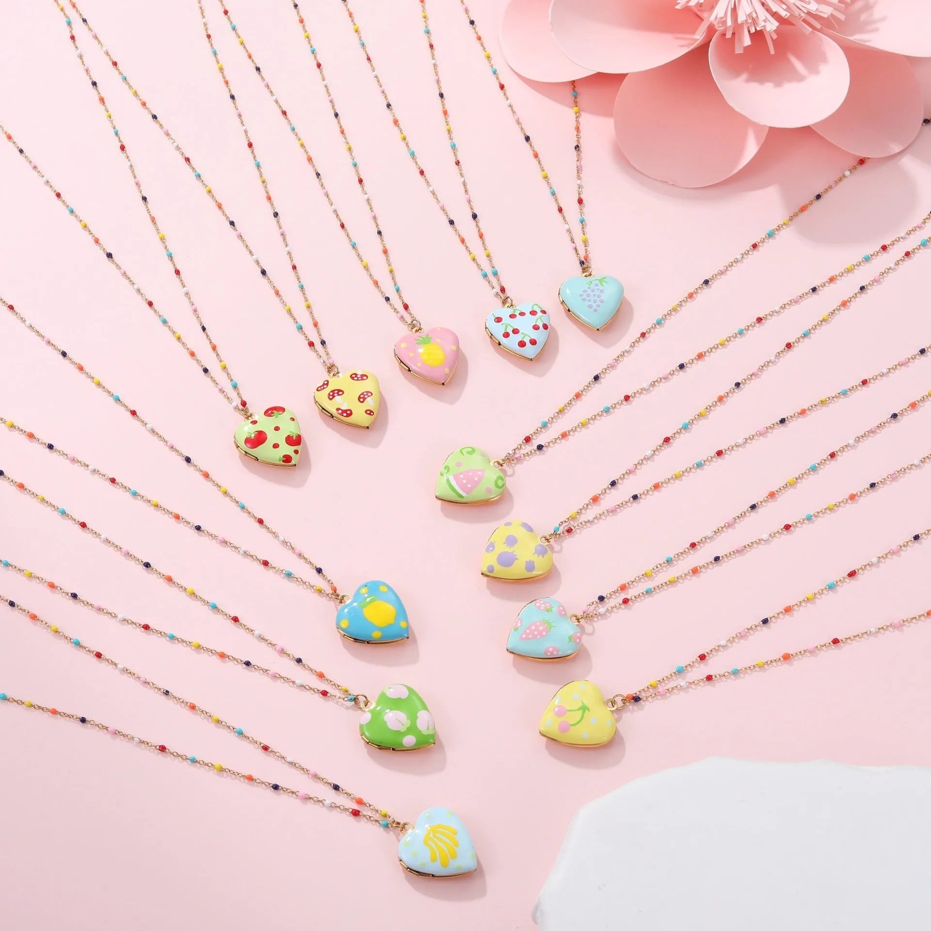 Gold-plated stainless steel necklace with heart-shaped fruit pendant in various designs