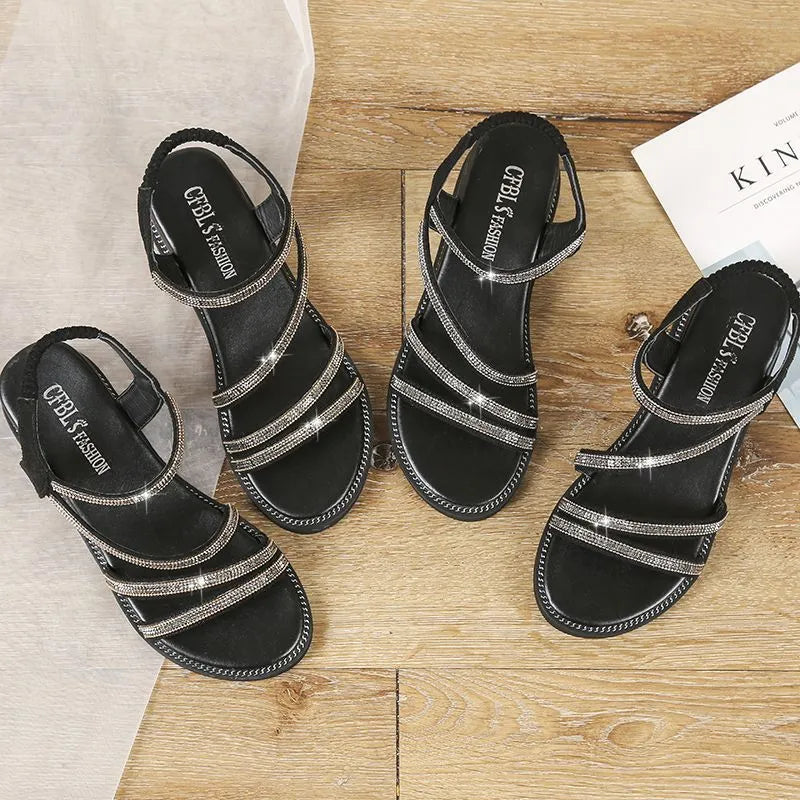 Women's Korean style flat sandals with rhinestone decoration and elastic band in silver colour