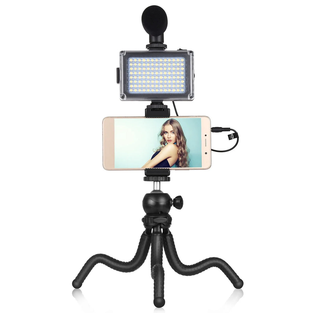 Black octopus flexible tripod stand with fill light and microphone for live streaming