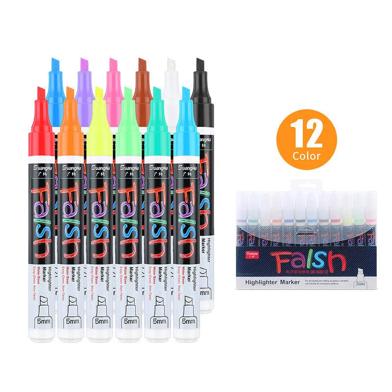 Fluorescent board highlighter with 6mm tip showing oblique pen shape and plastic shell construction