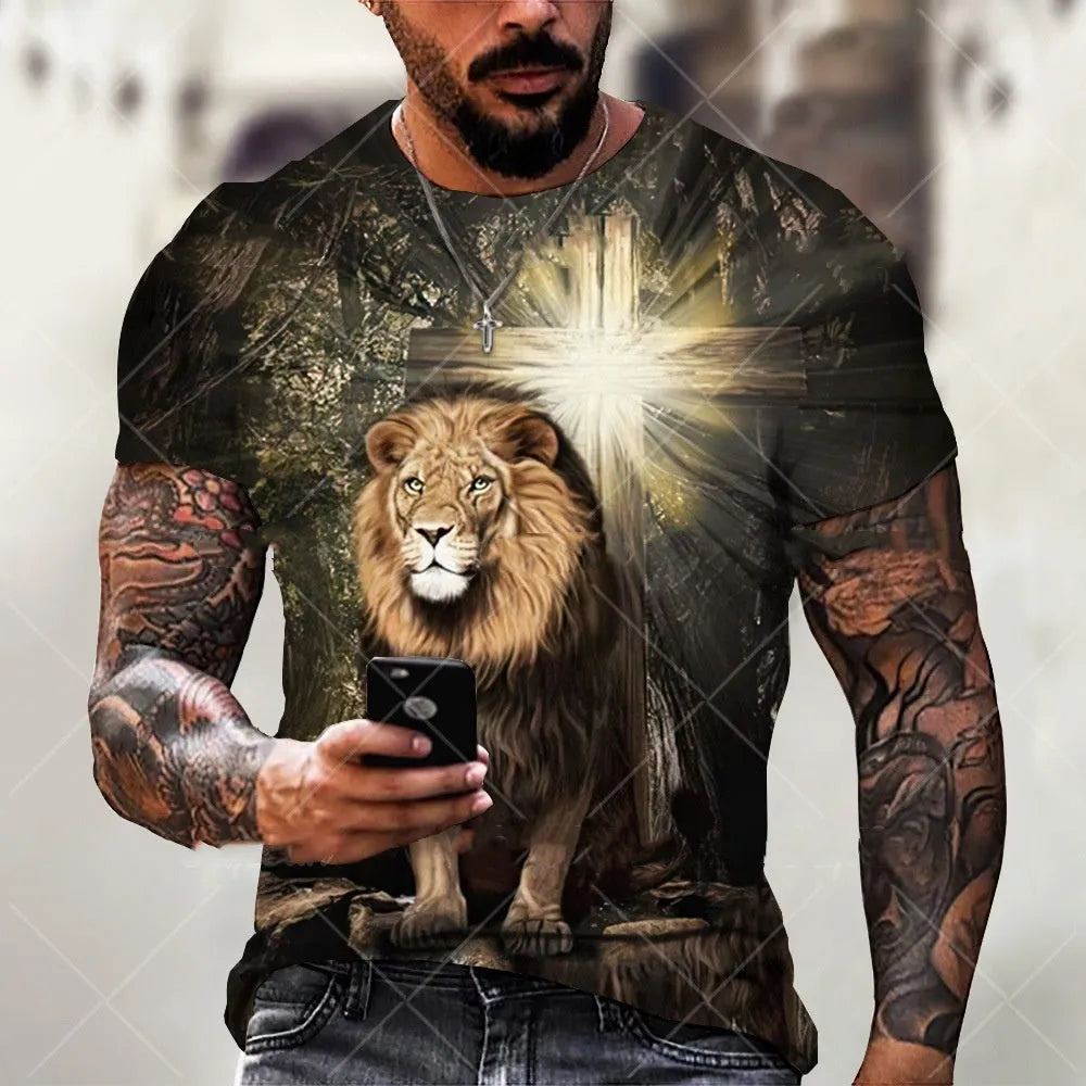 Men's grey T-shirt with a 3D printed Jesus design on the chest, short sleeves, made from Bird Eye cloth.