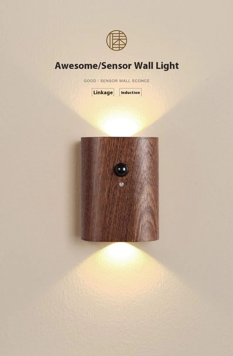 Solid wood pattern human body induction LED light, 73x56x28mm, warm white 2700K to 3000K, Beech or Sapele linkage option