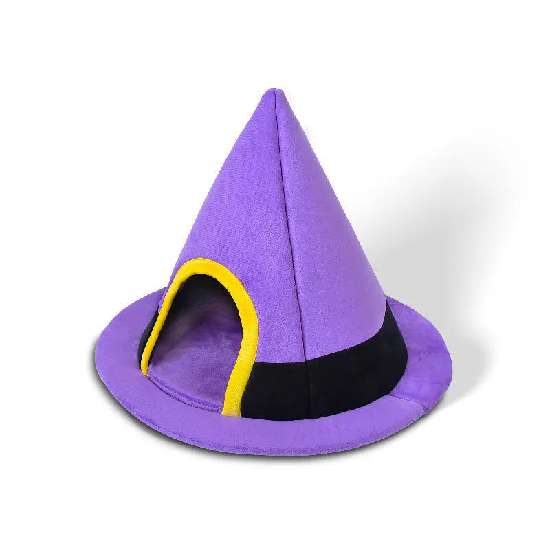 Purple Halloween witch hat shaped cat bed with enclosed cave design