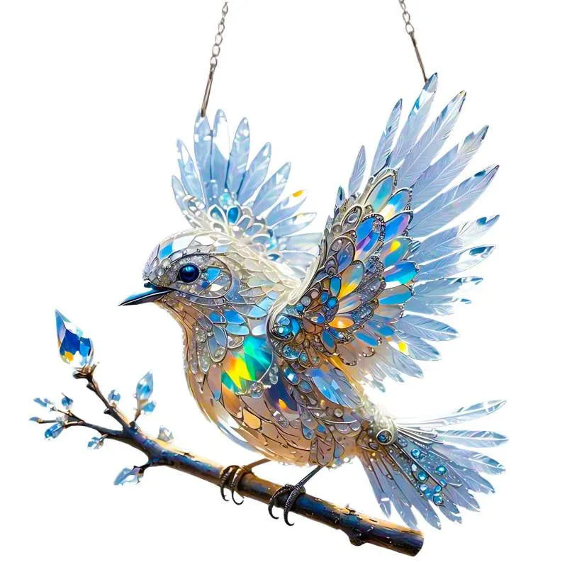 Cartoon style bird design printed on a square clear acrylic pendant decoration.