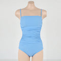 Sling style one-piece swimsuit with belted waist and pleated design in nylon fabric