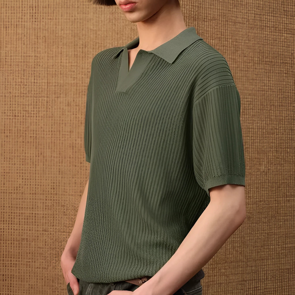 Men's striped collar polo shirt in ice silk fabric shown in creamy-white colour