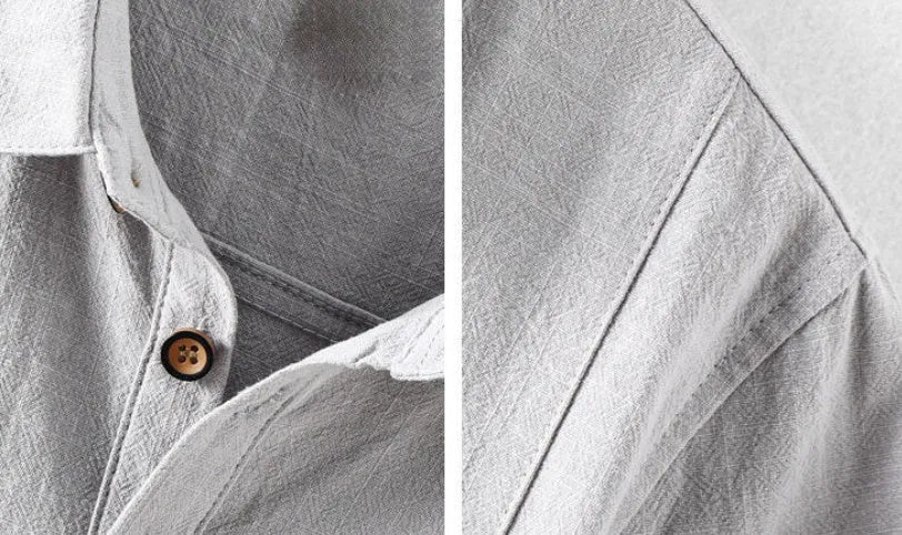 Men's loose fit linen casual shirt in solid colours: milky white, navy blue, light grey, sky blue.