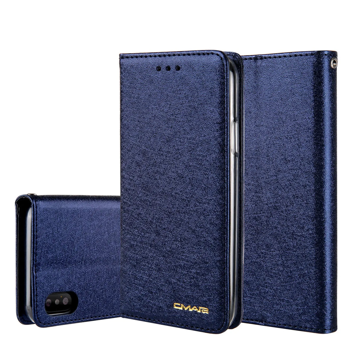 Apple iPhone flip wallet case with card slots in PU leather, shown in multiple colour options