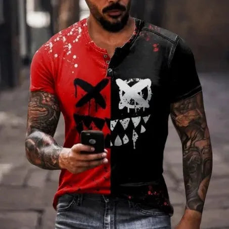 Men's grey short sleeve t-shirt with a raised 3D printed design on the lapel button.
