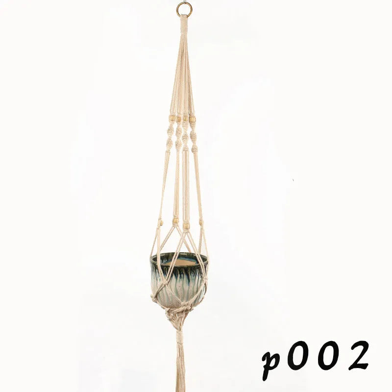 Woven wire rope plant holder with cotton rope in desktop, wall, and hanging styles.