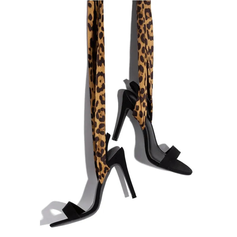 Light brown women's high heels with leopard print and cross straps on an 8cm stiletto heel