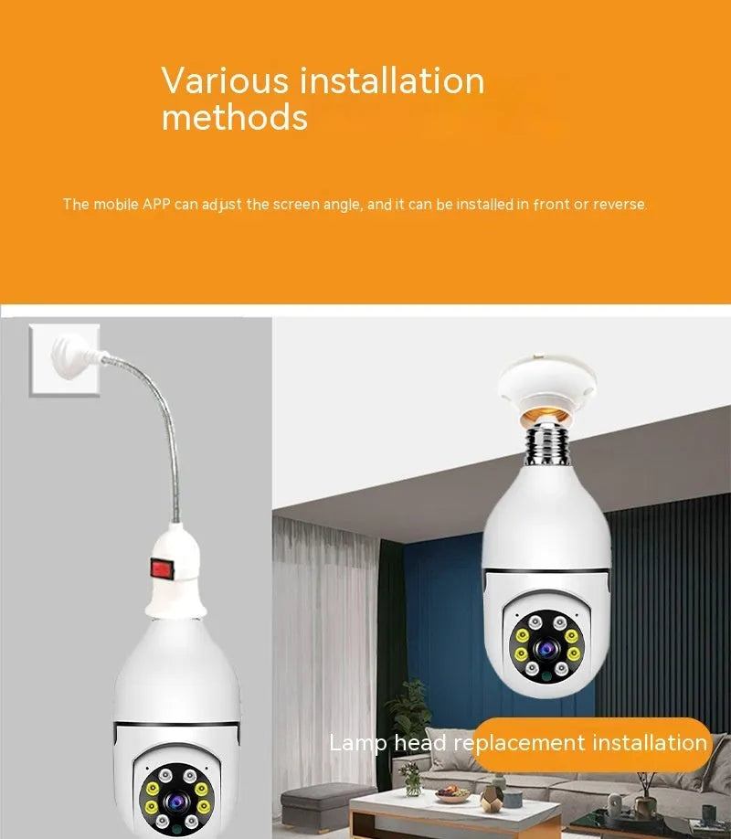 Wireless WiFi bulb security camera with plastic and metal construction measuring 5x12cm