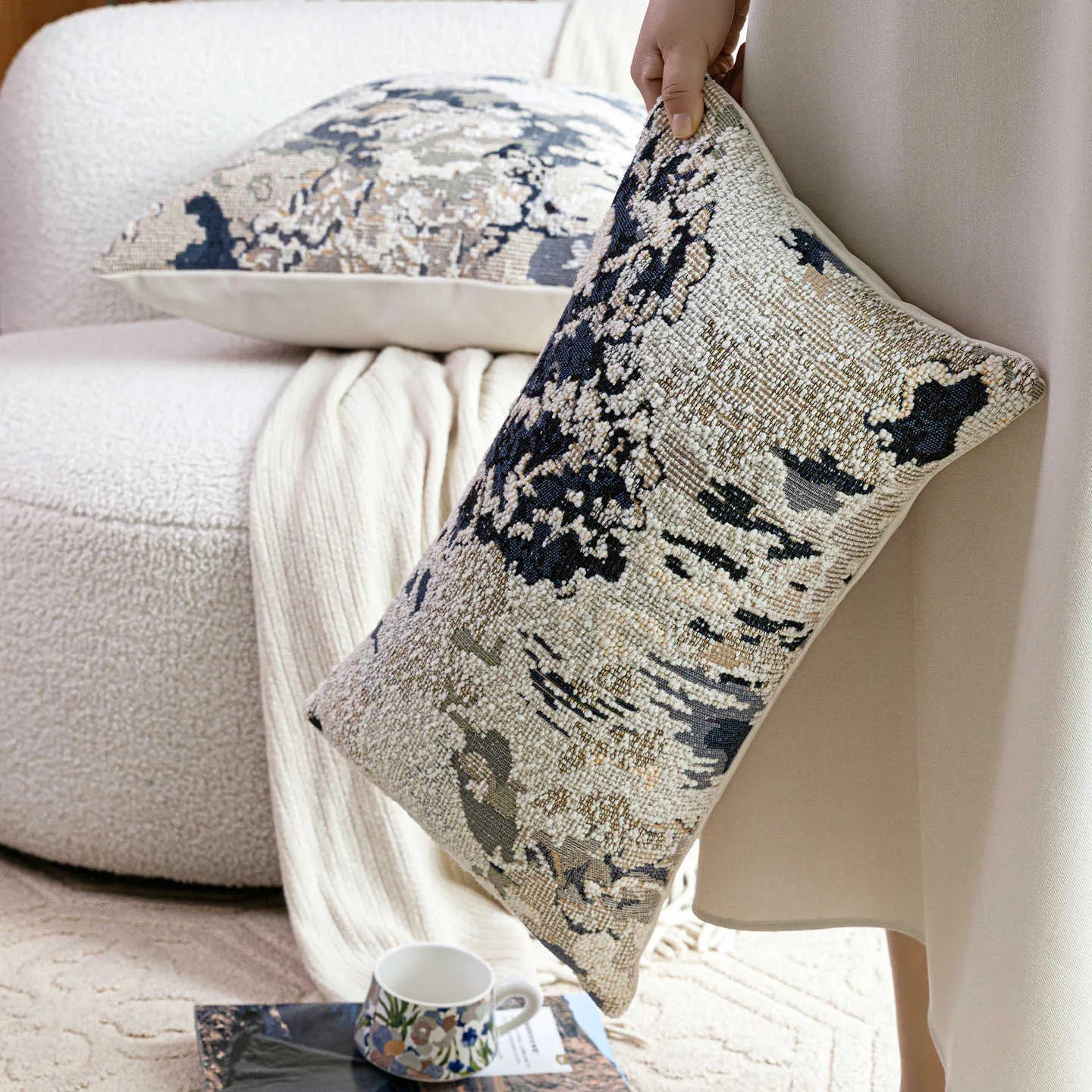 Blue antique French floral patterned cushion cover with Chinese style elements
