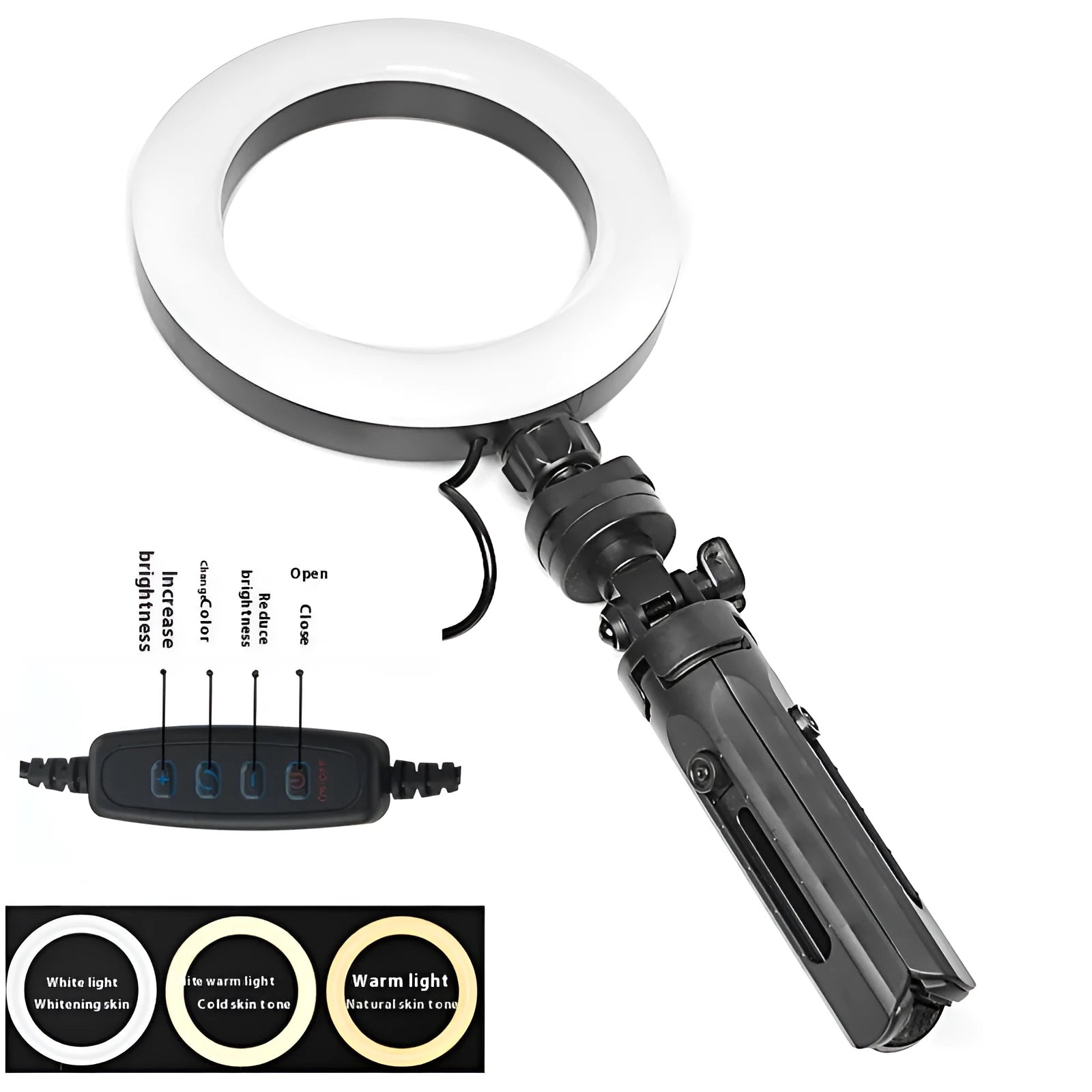 Black fill light tripod suit for mobile live streaming with colour adjustable lighting and universal smartphone bracket