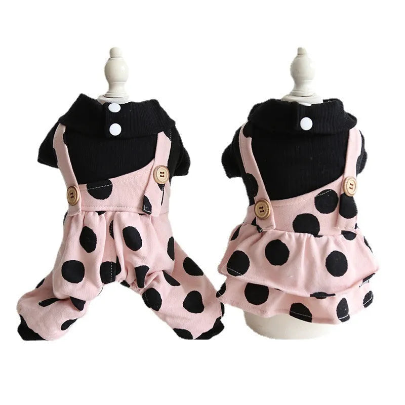 Dog wearing lapel shoulder strap couple clothing in cloth material