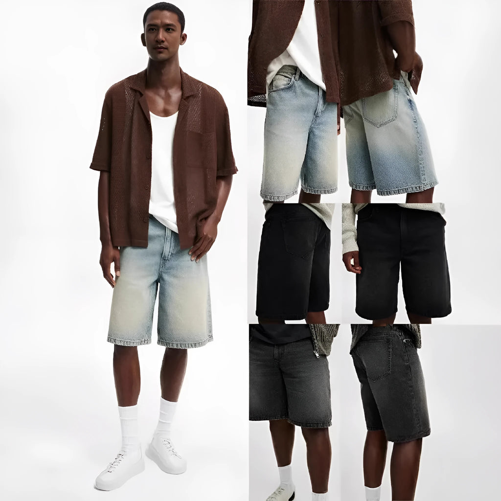 Men's loose fit straight leg jeans in light blue, black, and grey cotton denim