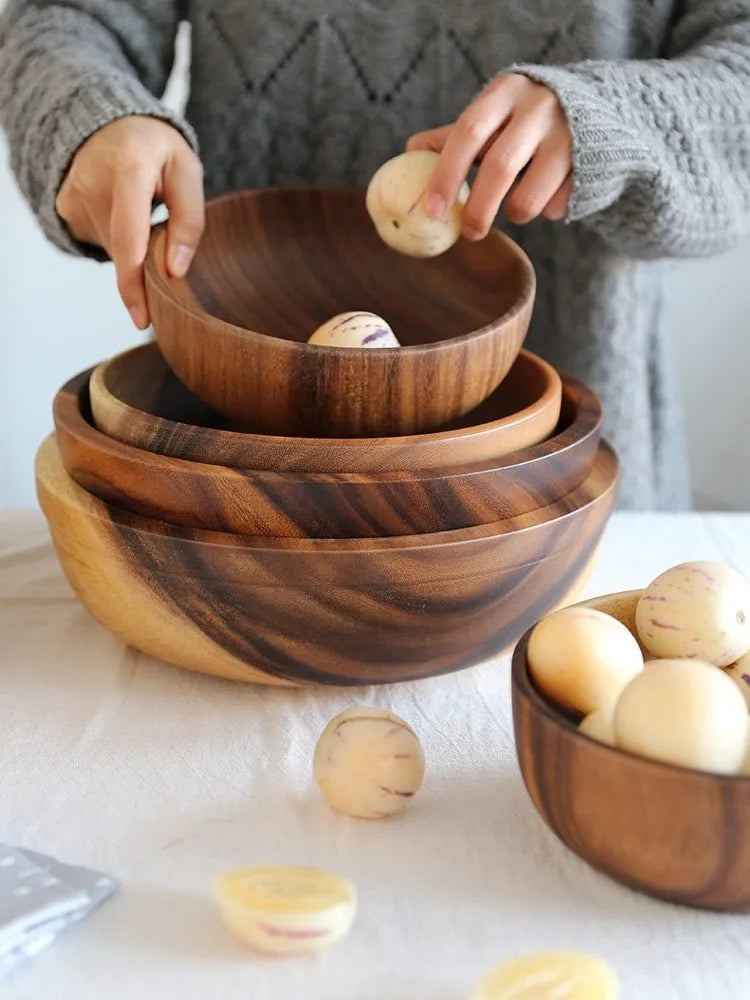 Natural wooden bowl handmade Japanese style brown fruit salad bowl available in sizes 8x6cm to 26x8cm